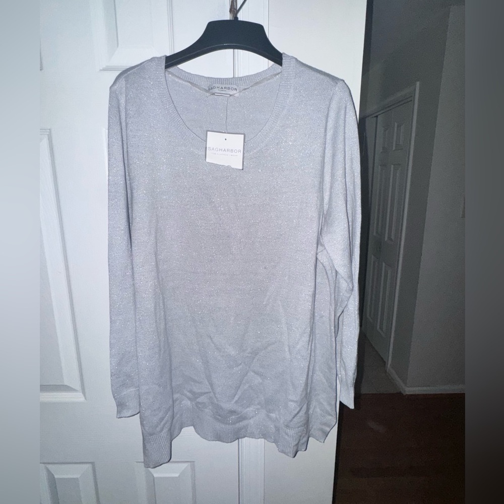 Sag Harbor Women's 1X Shimmer Gray Long Sleeve Crewneck Sweater NWT
